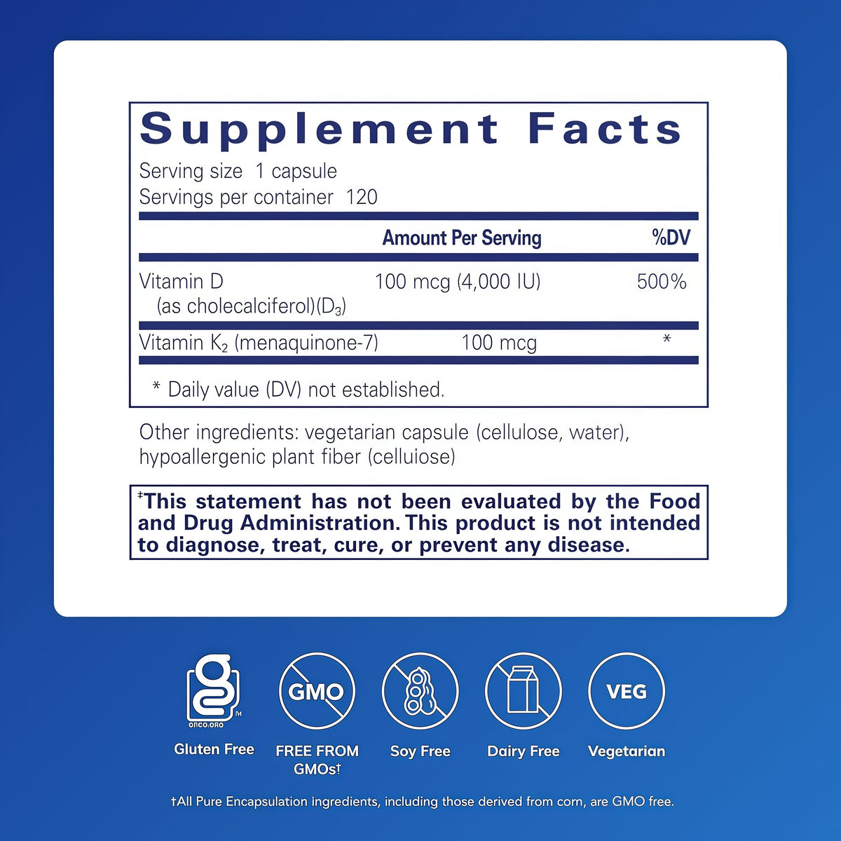 Pure Encapsulations Vitamin D3 & K2 - Bone & Vascular Health Support - Immune Function* - Gluten Free - Non-GMO - 120 Capsules